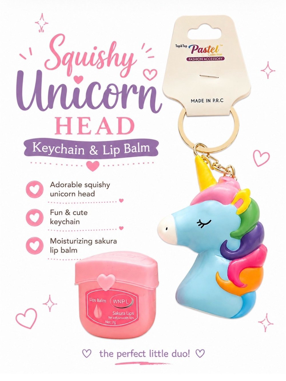 SQUISHY UNICORN HEAD KAWAII BAG CHARM KEYCHAIN & LIP BALM SET